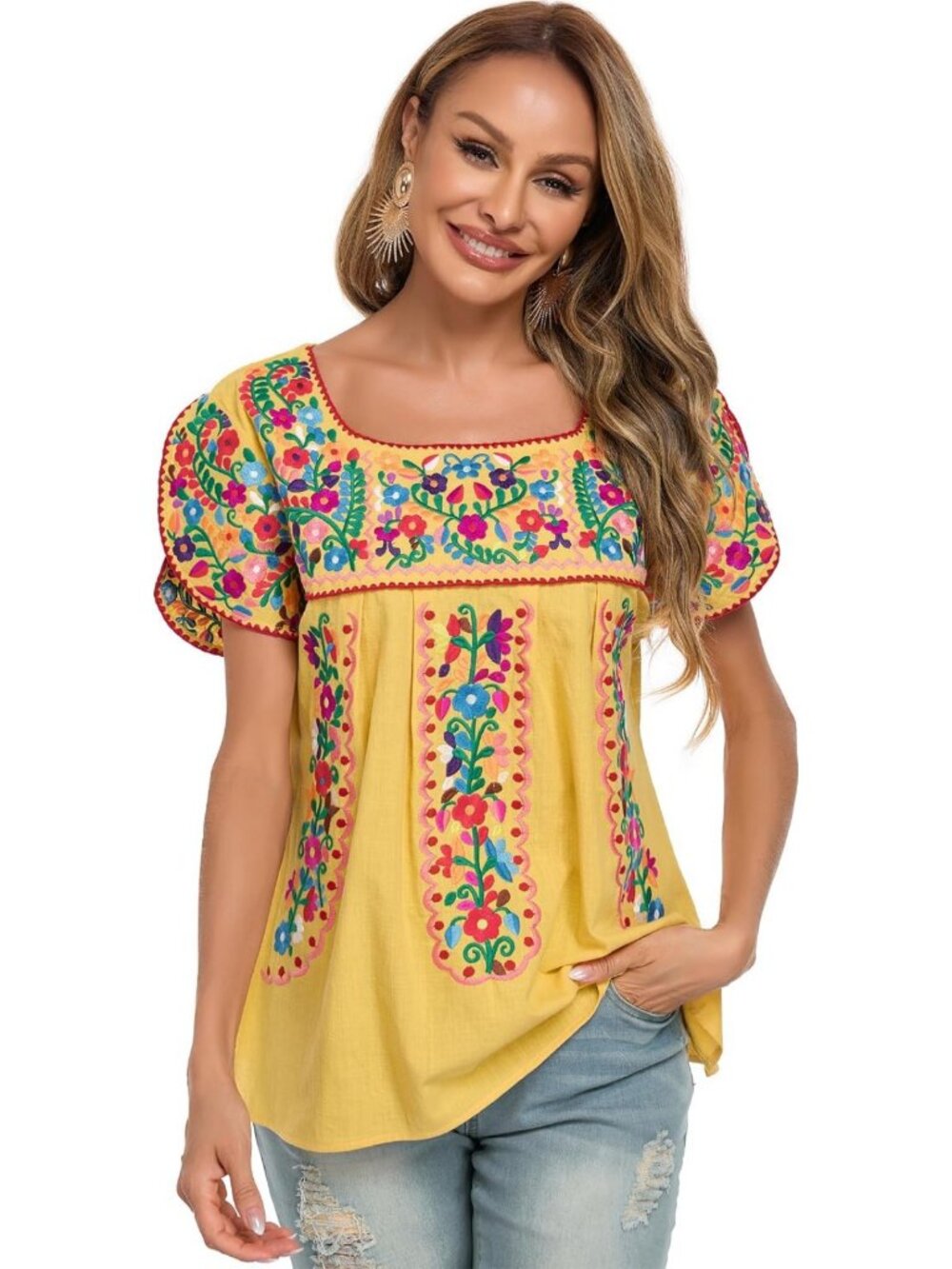 Embroidered Mexican Peasant Blouse for Women | Summer Tunic Top, Boho Style - Picture 7 of 7